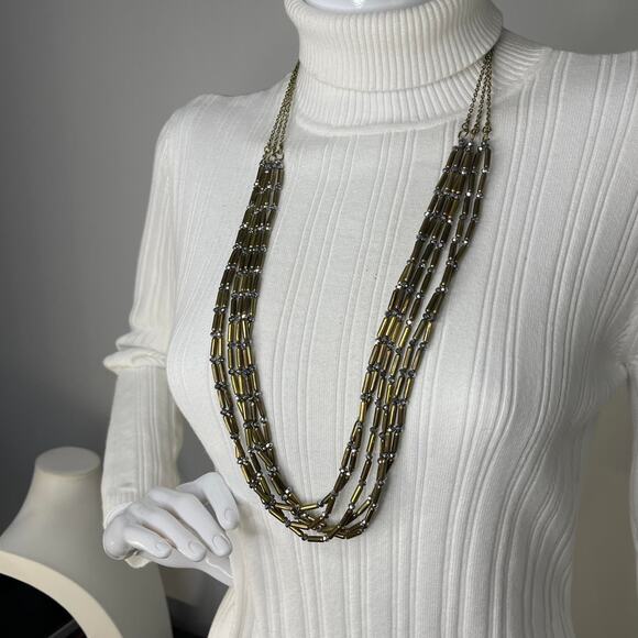 Chico's necklace signed costume jewelry burnished gold tone with gray multi stra - Picture 10 of 14